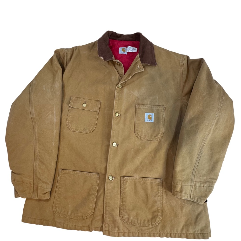 Vintage Carhartt Chore Coat Brown Duck Canvas Quilt Lined 6QLCT 54 Tall USA Made